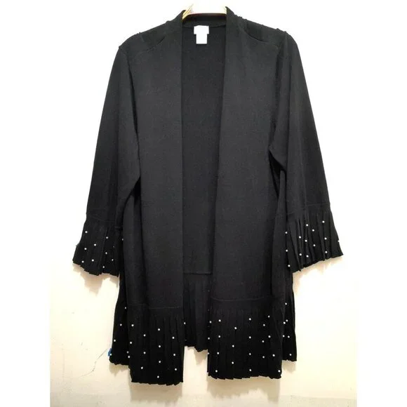 Chico's Pleated Faux-Pearl Accent Classy Long Open Cardigan Black Size 3P - Picture 4 of 10